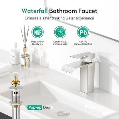 CREA Waterfall Bathroom Faucet 1 Hole,Brushed Nickel Bathroom Faucet Single Handle Bathroom Sink Faucet with Pop Up Drain Stopper/ 3 Hole Plate,Stainless Steel RV Vanity Faucet Basin Mixer Tap