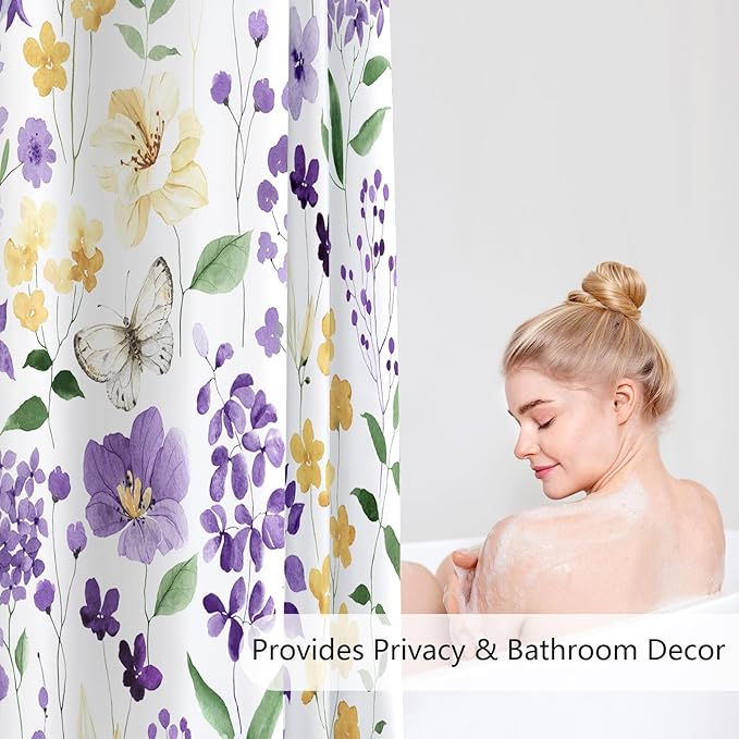 Extra Long Shower Curtain 72 x 84 Inch, Tall Purple Yellow Floral Shower Curtains for Bathroom, Watercolor Flower Butterfly Fabric Shower Curtain Set with Hooks