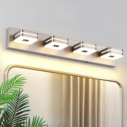 Modern Bathroom Vanity Light Fixture, 5CCT Dimmable LED Wall Sconce, Brushed Nickel Vanity Lights for Mirror, 4-Light Acrylic Bathroom Light Fixtures Over Sink, Indoor Restroom