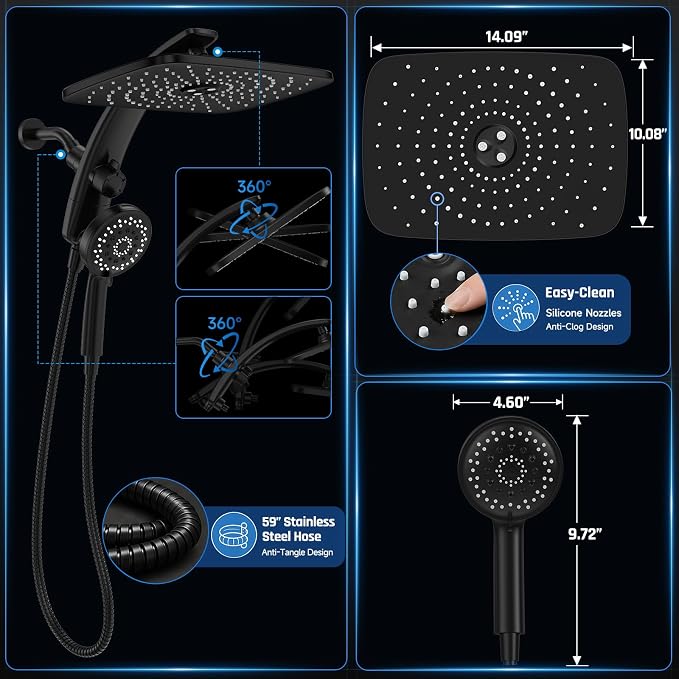 Veken 14" Luxurious Shower Head with Handheld,Full Body Coverage,Power Wash | Magnetic Hand Held,Best Dual Rain Shower Heads Combo,Large Rainfall,Double Detachable Showerhead,Ducha Para Baño,Matte Black