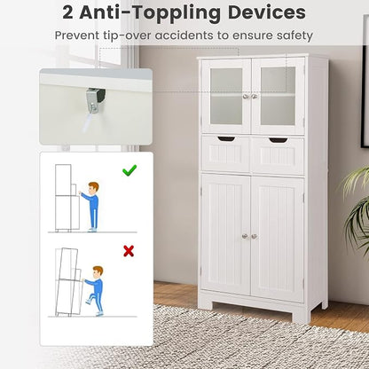 GIANTEX Floor Storage Cabinet, Freestanding Bathroom Cabinet with 2 Glass Doors, 2 Drawers & Adjustable Shelves, Multifunctional 50.5” Tall Storage Organizer Cupboard for Kitchen Living Room, White