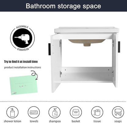 Malwee 24" Floating Bathroom Vanity with Sink, 24 Inch Single Sink Wall Mounted Bathroom Vanity, with 2 Doors and White Ceramic Basin Top, White Cabinet Set with 3 Color Handles(081-24)