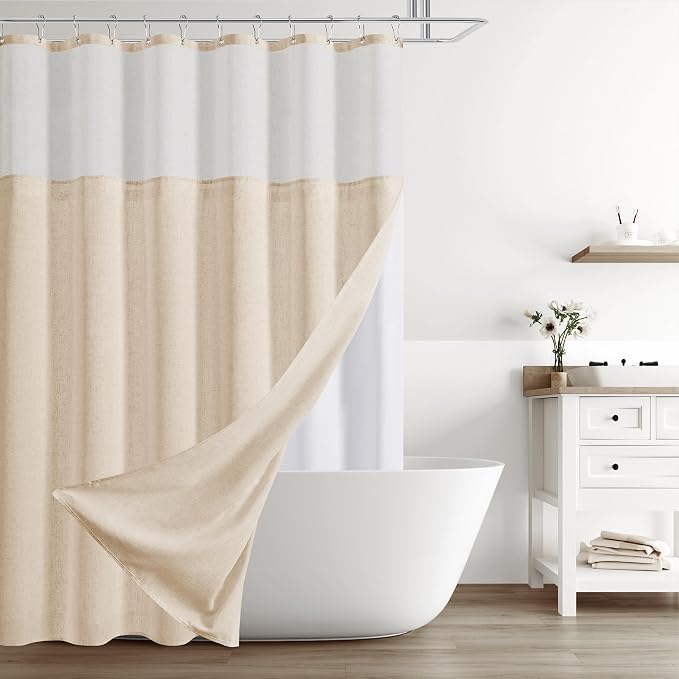 Linen Shower Curtain 84 Inches for Bathroom Natural Double Layer | 7ft, Curtains with Hook for Bathroom, Snap in Liner, Water Repellent, Boho Farmhouse, Modern Bath Decor, 1 Panel, 72x84