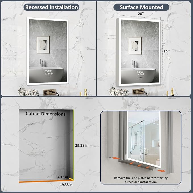 ACEMIRO 20"×30" Bathroom Mirror Cabinet, Recessed Lighted Medicine Cabinet with Mirror, Dimmable 3 Color Lights, Clock & Room Temp Display, Defogger, LED Bathroom Cabinet with Storage, Left Hinge
