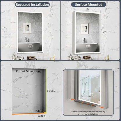ACEMIRO 20"×30" Bathroom Mirror Cabinet, Recessed Lighted Medicine Cabinet with Mirror, Dimmable 3 Color Lights, Clock & Room Temp Display, Defogger, LED Bathroom Cabinet with Storage, Left Hinge