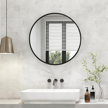 NEWBULIG 28 Inch Round Wall Mirror, Bathroom Mirrors for Over Sink | Metal Framed Circle Vanity Mirror, Wall Decor for Bedroom, Entryway, Anti-Rust, Tempered Glass, Hanging or Leaning, Black