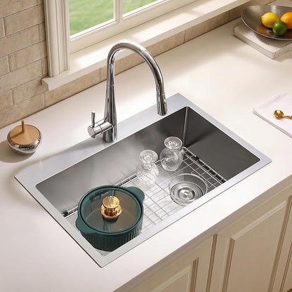 25x18 Inch Kitchen Sink, 304 Stainless Steel Drop in Sink | Right Offset Drain, 9" Deep Single Bowl Kitchen Sinks, Brushed(Inclued Bottom Grid & Drain Strainer )