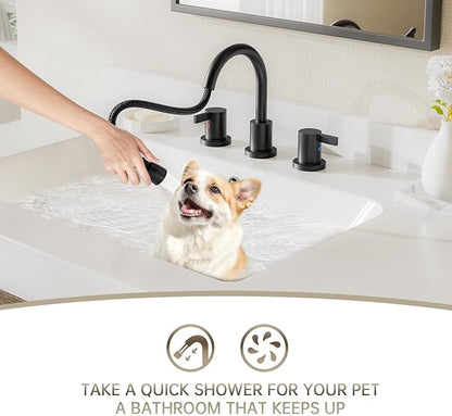 Phiestina Pull Down Sprayer Matte Black Widespread Bathroom Sink Faucet, 8 Inch 2 Handles 3 Hole Pull Out Bathroom Faucet，with Metal Pop-Up Drain and Water Supply Line，BF04012-K01-MB