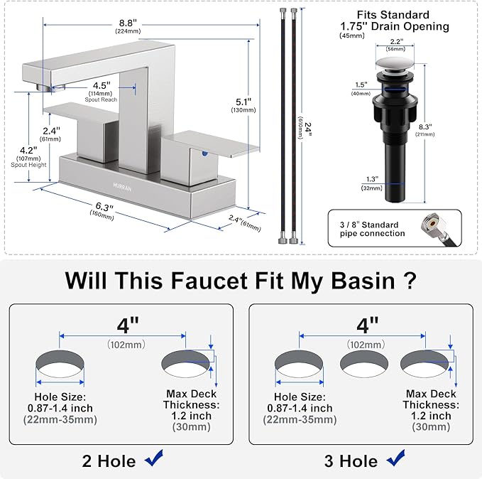 Bathroom Sink Faucet, Hurran 4 inch Brushed Nickel Bathroom Faucets for Sink 3 Hole with Pop-up Drain and Supply Lines, Stainless Steel 2-Handle Lead-Free Faucet for Vanity RV Restroom