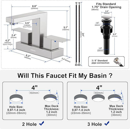 Bathroom Sink Faucet, Hurran 4 inch Brushed Nickel Bathroom Faucets for Sink 3 Hole with Pop-up Drain and Supply Lines, Stainless Steel 2-Handle Lead-Free Faucet for Vanity RV Restroom