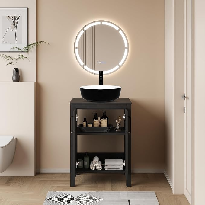 YOURLITE Bathroom Vanity with Sink, 24" Black Bathroom Vanity Sink Combo with Black White Ceramic Basin Faucet & Pop Up Drain Set