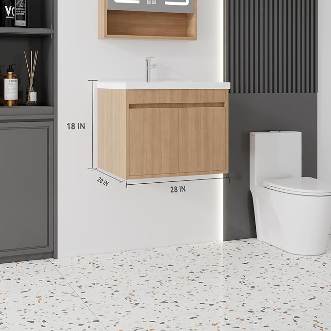 28'' Bathroom Vanity with Ceramic Sink Combo, Wall Mounted Small Bathroom Vanity with Soft-Close Door Modern Floating Cabinet, Pop-up Drain, P-Trap Included, Walnut(No Faucet)