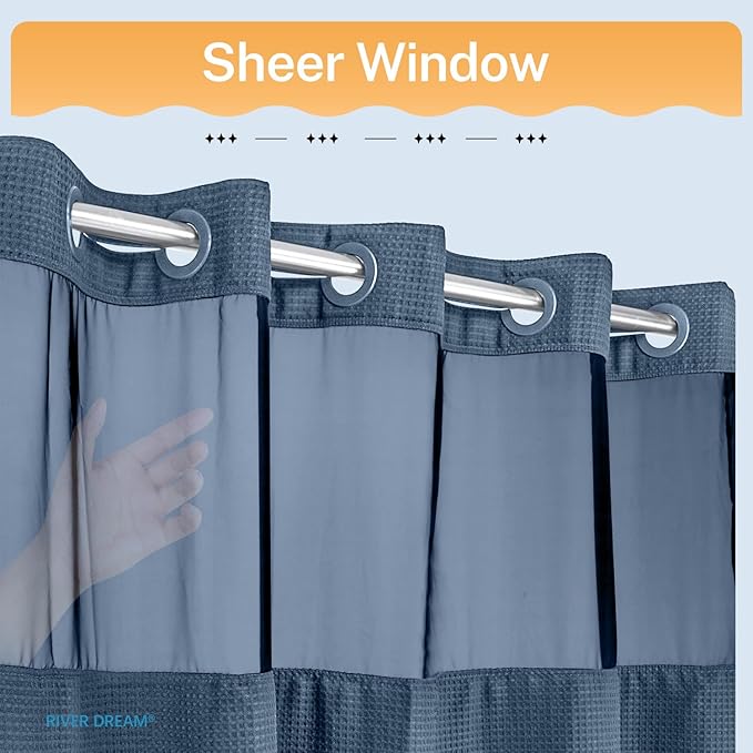River Dream Waffle No Hook Shower Curtain with Liner,Moonlight Blue,71x74 | Dotted Waffle,Snap-in Liner,Heavy Duty,Quick Dry,Mesh Top Window,With Bottom Magnets,Hotel-Grade,Washable,Standard Size