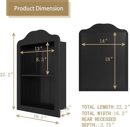 CJL 14‘’ x 18‘’ Recessed Medicine Cabinet, Solid Wood in-Wall Bathroom Cabinet, Victorian Wall Niche Shelf, 2-Tier, Black