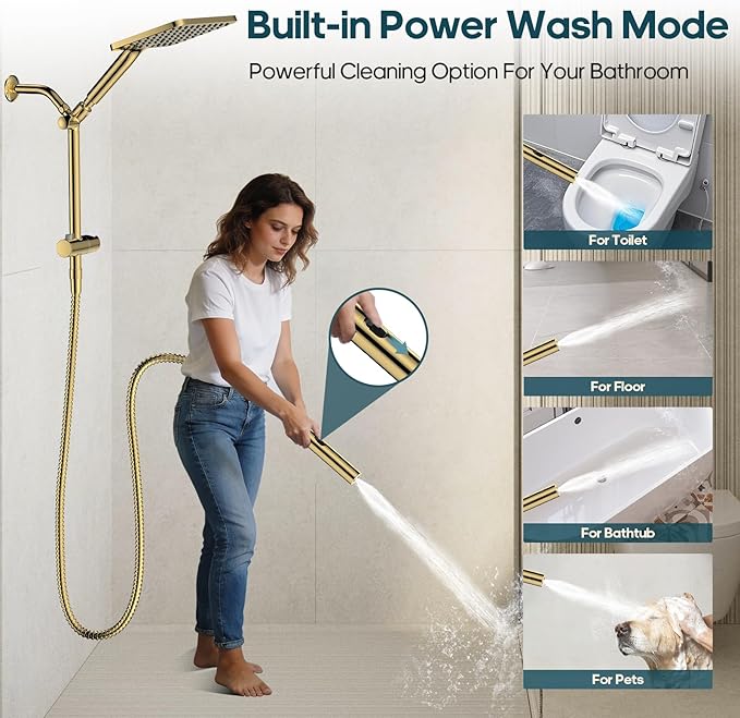 Filtered Shower Head with Handheld Spray Combo High Pressure Rain Shower Head Dual Shower Head with Filters - Removes Chlorine Height Adjustable & Built-in Power Wash (Gold)