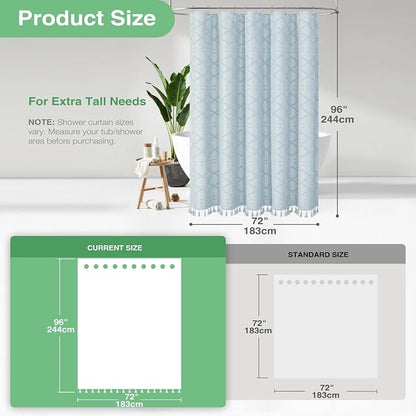 Extra Long Boho Shower Curtain Tufted Geometric 72"x96" Fog Blue | 96 Inch Tall, Elegant Tassel, Lightweight Textured Fabric, Water Repellent, Washable, Hotel Spa, for Bathroom/Dorm 12 Hooks