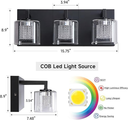 Somniferous 3-Light LED Vanity Light, Modern Bathroom Light Fixtures Over Mirror with Clear Glass Shades, 3000K/4000K/5000K Selectable, Dimmable Matte Black Vanity Lights for Bathroom