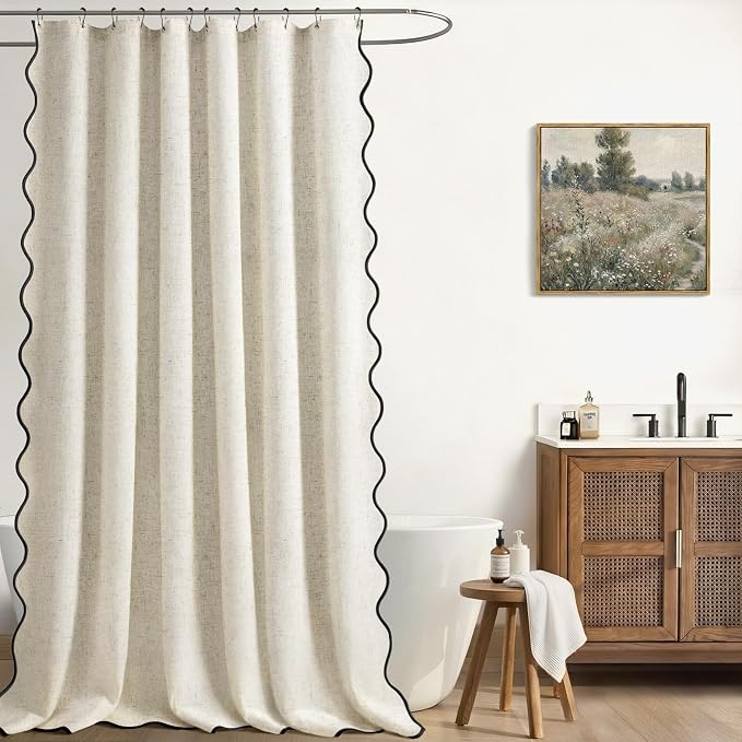 Scalloped Shower Curtain Linen Boho Flax Cream 72" W x 90" L | Linen Fabric, Black Border, Washable, Heavy Duty Cloth, Shower Curtain for Boho Farmhouse Bathroom Bathtub