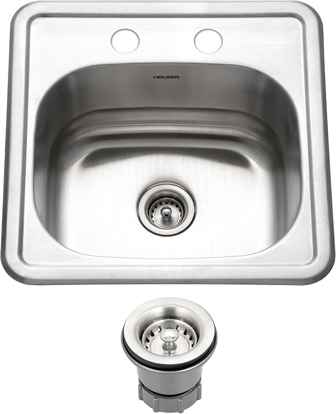 Houzer Hospitality Stainless Steel Bar & Prep Sink: 15 Inch Drop-In Topmount 2-Hole Sink for Bar & Kitchen, Durable & Versatile, Essential for Home & Apartment: 1515-6BS-C