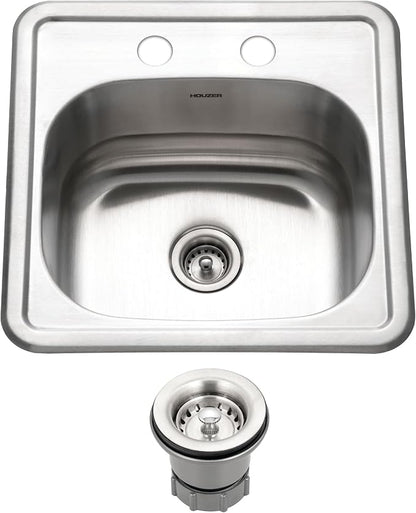 Houzer Hospitality Stainless Steel Bar & Prep Sink: 15 Inch Drop-In Topmount 2-Hole Sink for Bar & Kitchen, Durable & Versatile, Essential for Home & Apartment: 1515-6BS-C