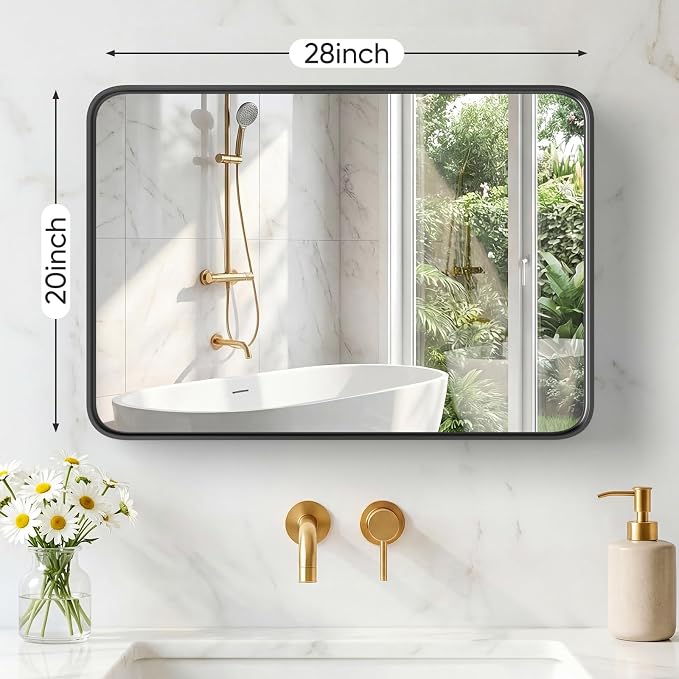 NEWBULIG Bathroom Mirror for Over Sink, 20X28 Inch Wall Vanity Mirror | Wall Mount, Tempered Glass, Anti-Rust Metal Framed, Rounded Rectangle, Farmhouse Home Decor, Black