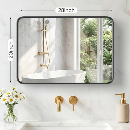 NEWBULIG Bathroom Mirror for Over Sink, 20X28 Inch Wall Vanity Mirror | Wall Mount, Tempered Glass, Anti-Rust Metal Framed, Rounded Rectangle, Farmhouse Home Decor, Black