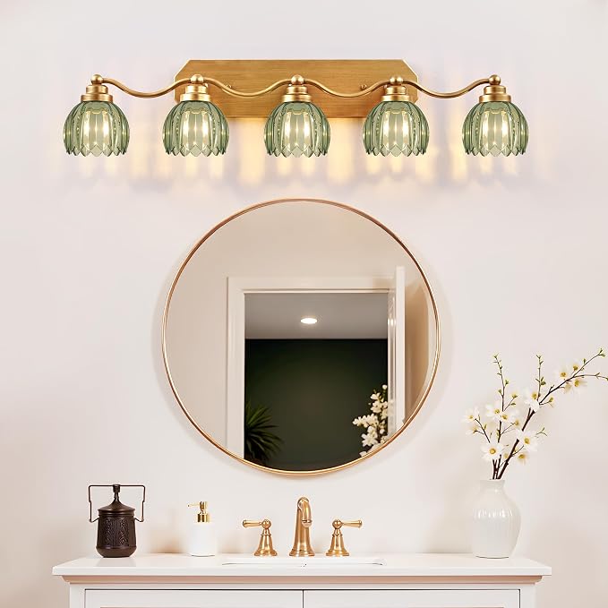 Gold Vanity Light, Vintage Tulip Green Glass Shade, Antique Brass Finish | 5 Light Brushed Gold Bathroom Light Fixtures, Crystal Wall Sconce, Mounted Over Mirror for Bedroom Hallway, Easy to Install