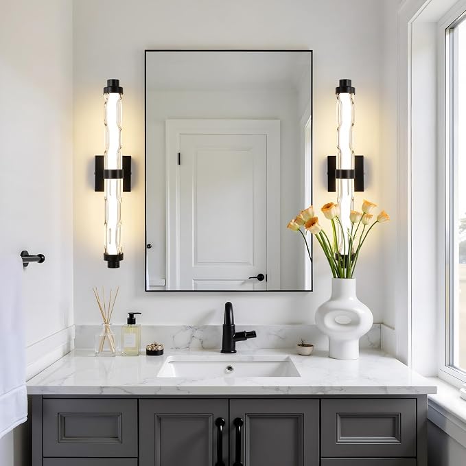 23.6" Black Wall Sconce, Modern Bathroom Vanity Light with Ripple Glass Shade, 5CCT Dimmable LED Wall Lighting 20W for Bedroom, Living Room, Hallway
