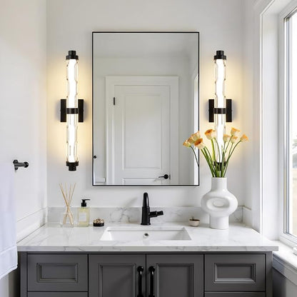 23.6" Black Wall Sconce, Modern Bathroom Vanity Light with Ripple Glass Shade, 5CCT Dimmable LED Wall Lighting 20W for Bedroom, Living Room, Hallway