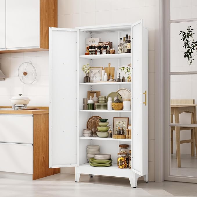 71" Metal Storage Cabinet with 2 Doors and 4 Adjustable Shelves,White Farmhouse Kitchen Pantry Cabinet,Steel Garage Tool Cabinet,File Cabinetfor Home,Office,Dinning Living Room,Warehouse
