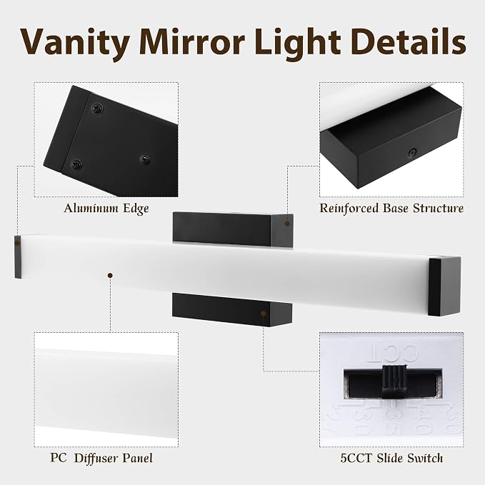 22IN Black Bathroom Vanity Light 19W 5CCT 3 Brightness Modes ETL Listed