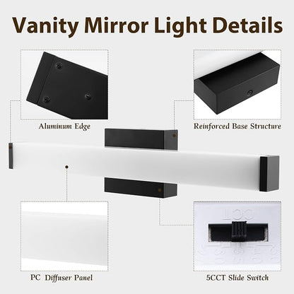 22IN Black Bathroom Vanity Light 19W 5CCT 3 Brightness Modes ETL Listed