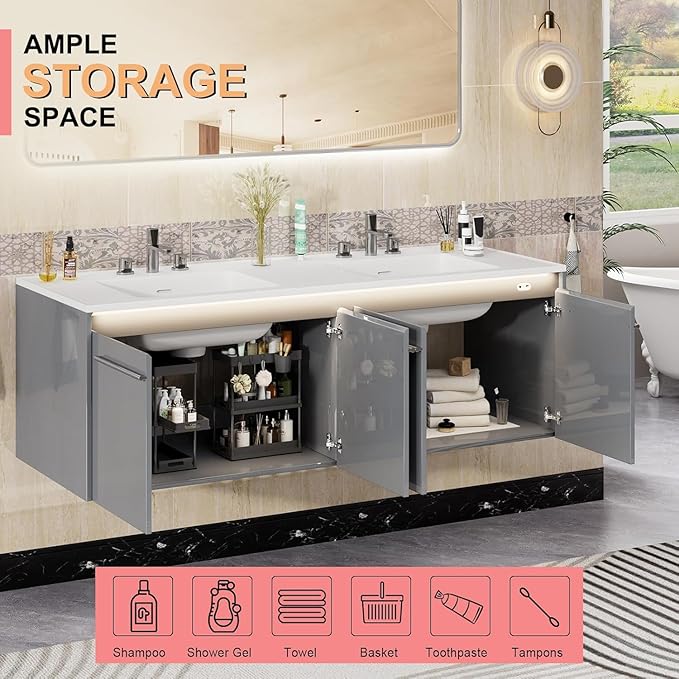 60-Inch Double Sink Floating Vanity with Human Sensor LED, High Gloss Wall Mounted Bathroom Vanity with Sink, Modern Bath Sink Vanity Cabinet with Metal Handles, Gray