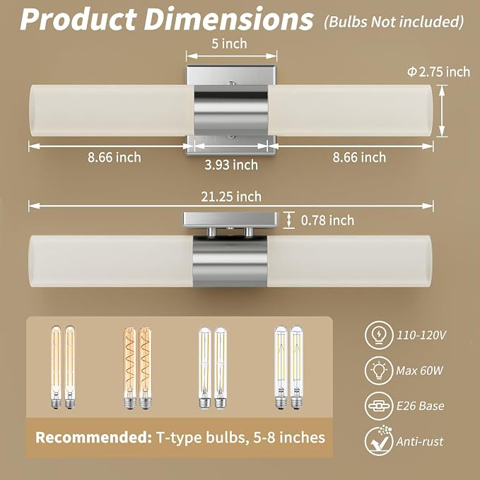 Wall Sconces Set of Two, Modern 21" Vanity, Frosted Glass, Silver | Indoor Wall Light Fixture. For Bathroom, Mirror, Bedroom, Living Room, Hallway. Mounting Hardware Included. Easy To Install.