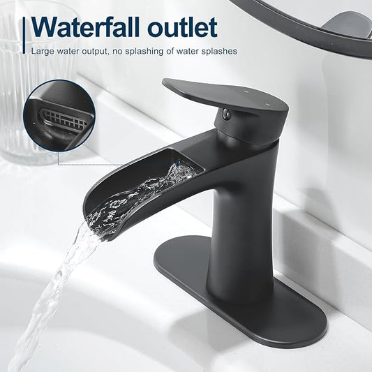 VOTON Black Bathroom Faucets Single Handle Waterfall Sink Faucet One Hole or Three Holes with Deck Mount Vanity Farmhouse RV Vessel Basin Faucet
