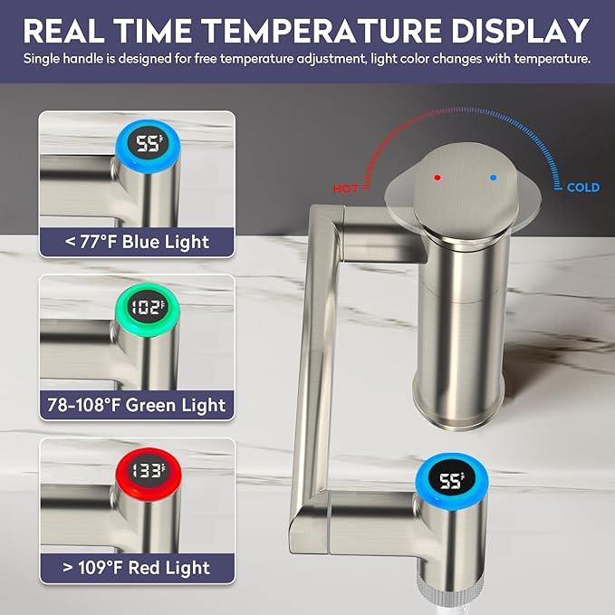 HOWUWEY 1080° Rotatable Single Hole Bathroom Vanity Faucet with Temperature Display, Height Adjustable Single Lever Bathroom Sink Faucet 1 Hole, LED Basin Faucet with Color Change (Brushed Nickel)