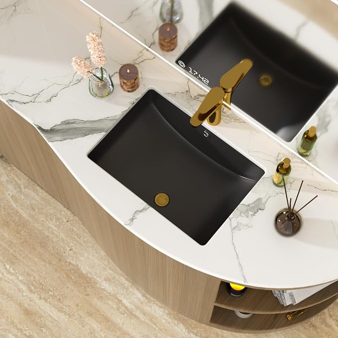Black Undermount Bathroom Sink 21.1"x15.1"Ceramic Basin | Modern Porcelain Under Counter Bathroom Vanity Sink, Interior Bowl 19.2"x 13.1", Rectangular Undermount Basin with Overflow