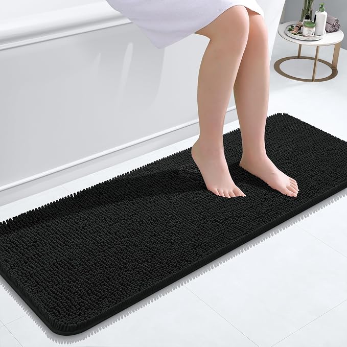 OLANLY Bathroom Runner Rugs 47x17, Extra Soft Absorbent Chenille Bath Rugs | Black, Quick-Drying Rubber Backing, Machine Washable Long Bath Mat for Bathroom Floor, Tub and Shower, Home Decor Accessories