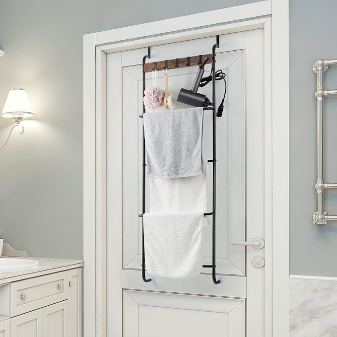 Over The Door Towel Rack Bathroom Behind Door Towel Holder with Hooks 5 Tier Over The Door Towel Bar Hanger Organizer for Bathroom Bedroom Bathroom Accessories, Metal (Black)
