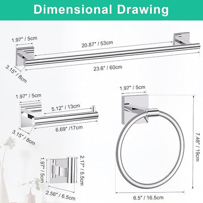 Chrome Towel Bar Bathroom Hardware Accessories Set, 5 Pieces Toilet Paper Holder Towel Holder Set, 23.6 Inch Stainless Steel Towel Racks for Bathroom Wall Mounted