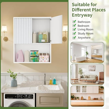 Fluted Bathroom Wall Cabinet Over the Toilet Storage,Wall Mounted Cabinet with Adjustable Shelf,Floating and Hanging Organizer,Kitchen and Laundry Room Storage (White,1 PC)