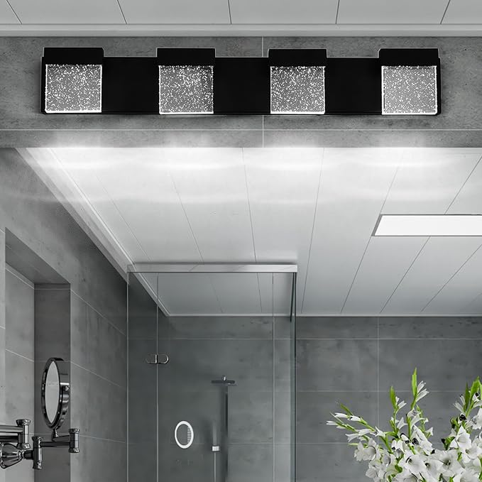 30.5 Inch 4 Light Bubble Black Crystal Bathroom Vanity Light Fixture, LED Over Mirror, Modern, 6000K