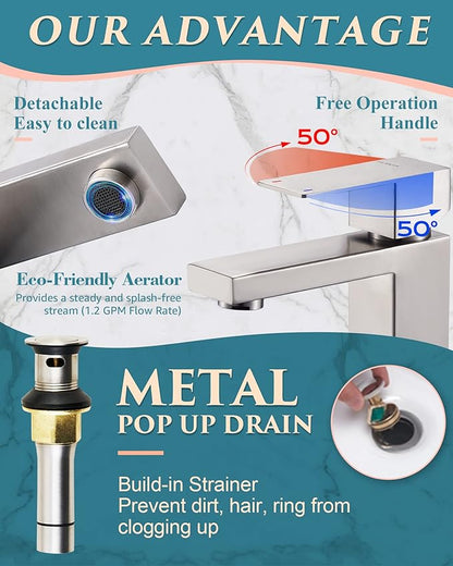 Single Hole Bathroom Faucet, 1-Handle Bathroom Sink Faucet with Pop-Up Drain, 304 Stainless Steel Brushed Nickel for Modern Bath/Vanity