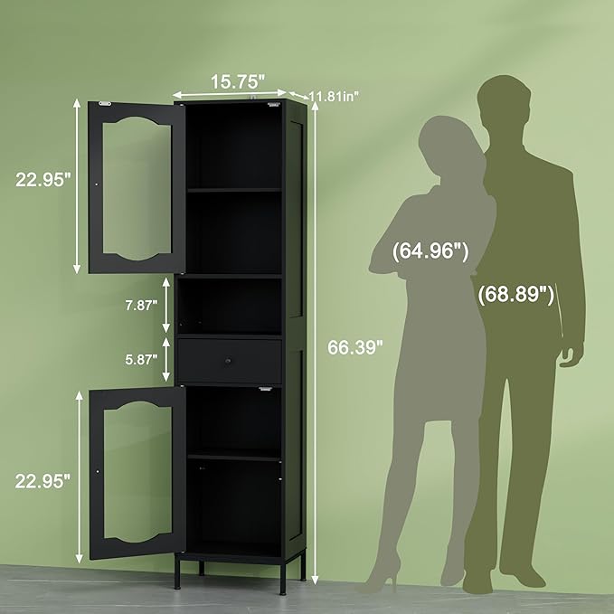 66.4" Tall Bathroom Storage Cabinet with Adjustable Shelves and Glass Doors, Anti-Tipping Narrow Cabinet, Linen Cabinet for Bathroom, Kitchen, Living Room, Black