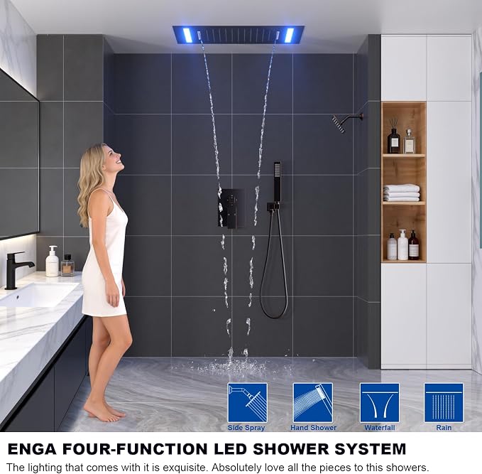ENGA Oil Rubbed Bronze Dual Rain Shower Head System, 2 In 1 Functions Ceiling Mount 14x20inch LED Shower Head with 6 Inch Shower Head, Rainfall Waterfall Shower Faucet Set