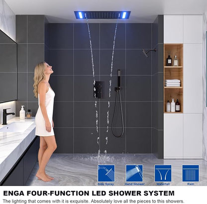 ENGA Oil Rubbed Bronze Dual Rain Shower Head System, 2 In 1 Functions Ceiling Mount 14x20inch LED Shower Head with 6 Inch Shower Head, Rainfall Waterfall Shower Faucet Set