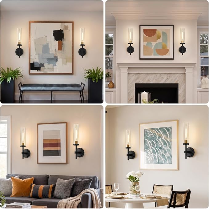 Battery Operated Wall Sconce Set of 2，Black and Gold Wireless Rechargeable Wall Lighting Fixtures with Remote Control，Dimmable Wall Light for Bathroom ，Vanity, Living Room, Bedroom, Hallway, Stairway