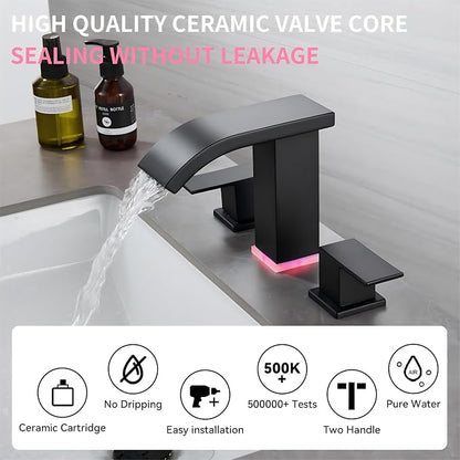 Bathroom Faucets Set Matte Black 8 inch Bathroom Sink Faucet 3 Hole with Pop Up Drain Widespread Modern Waterfall Vanity Faucet with 3 Colors Light Changing (Matte Black)