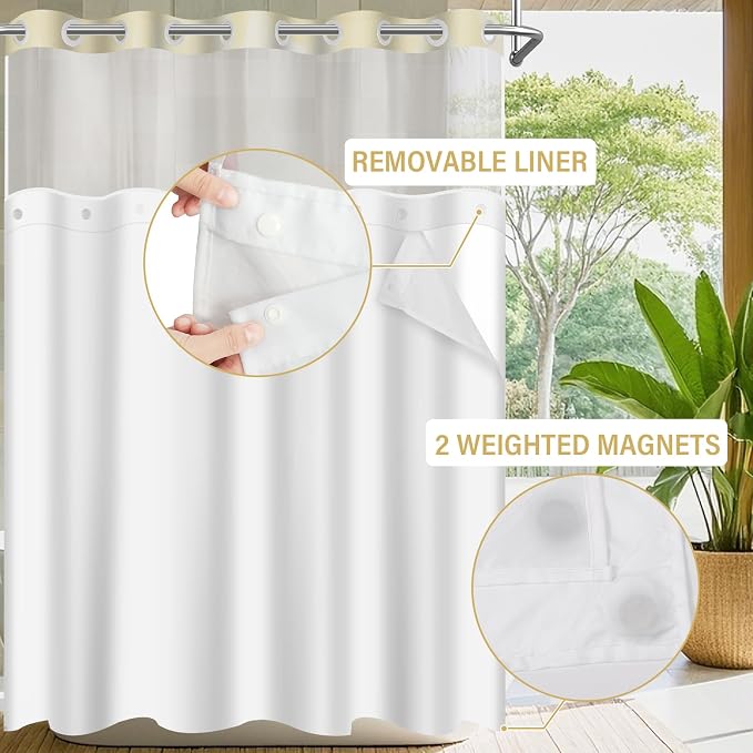 No Hook Shower Curtain with Snap in Liner Set, Yellow, 71x74 | Waterproof Fabric for Bathroom, Modern Hotel Style Ombre Design, Mesh Top Window, Machine Washable, Quick Install