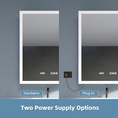 LED Medicine Cabinet 24x30 Anti-Fog Mirror Dimmable Recessed Mount | 3 Color Dimmable LED. Time Temp Display. Anti-Fog IP44. 2 Outlets+2 USB. Plug-in/Hardwired. Recessed/Wall Mount. Right Hinge.
